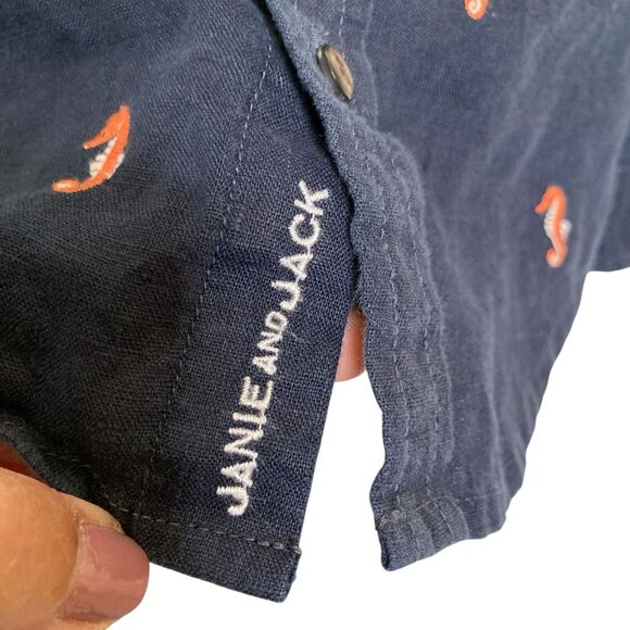 Janie & Jack Boy's Shirt 3 Blue Linen Embroidered Sea Horse Coastal Beach Preppy - Picture 6 of 12